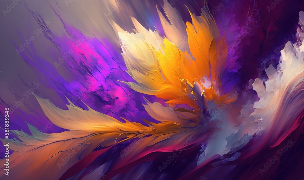  an abstract painting of a flower with a purple background and yellow and orange petals in the cente