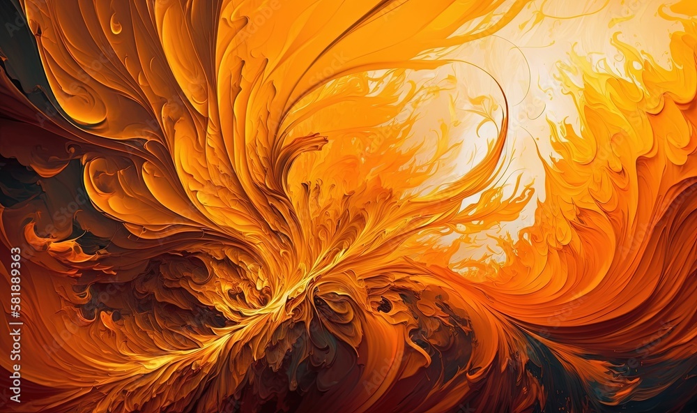  an abstract painting of orange and yellow swirls on a black background with a white center in the c