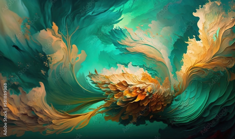  a painting of a green and yellow flower with water in the middle of the image and a yellow flower i