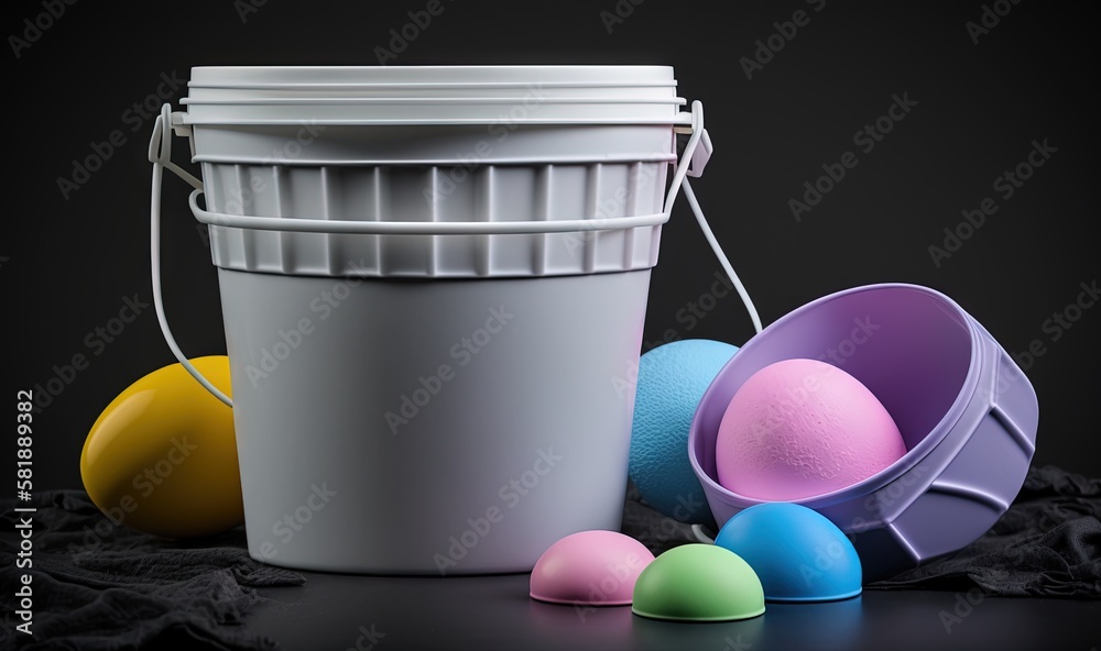  a bucket of eggs and a bucket of colored eggs on a black background with a black cloth and a black 