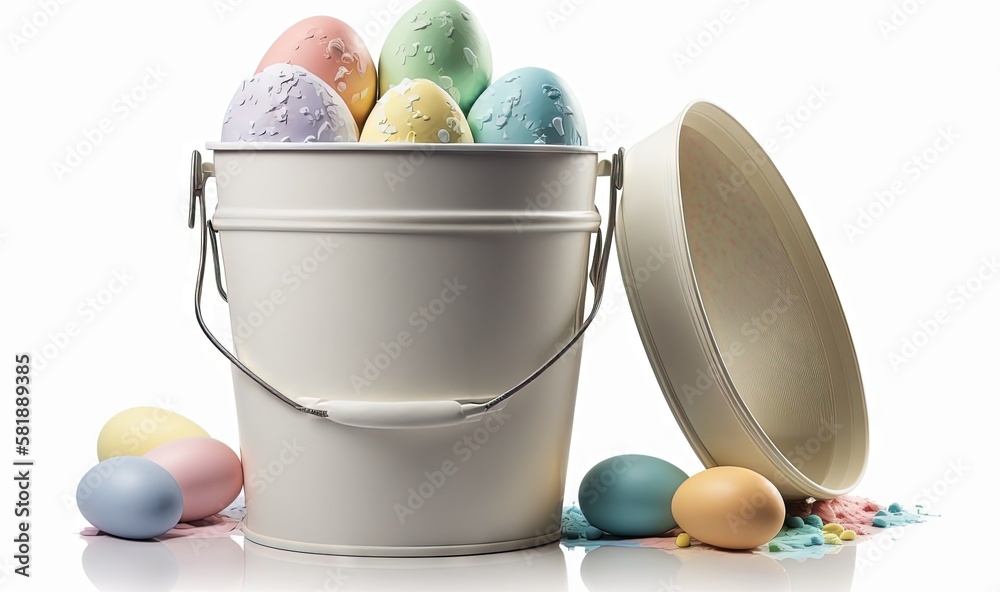  a bucket full of colored eggs next to a bucket of colored eggs on a white background with a white b