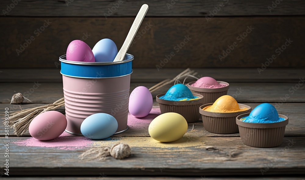  a bucket filled with colored eggs next to other containers of colored eggs and a spoon on a wooden 