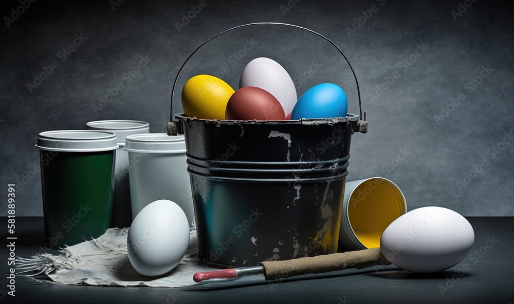  a bucket of colored eggs next to a paint roller and a paintbrush on a table with a gray background 