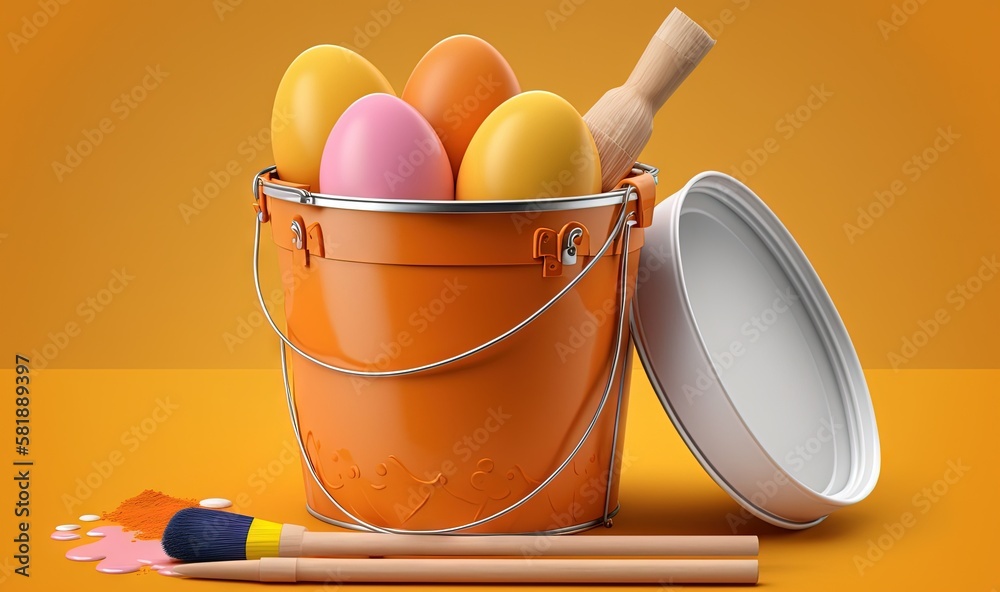  a bucket of eggs and a paintbrush on a yellow background with an orange background and a yellow bac