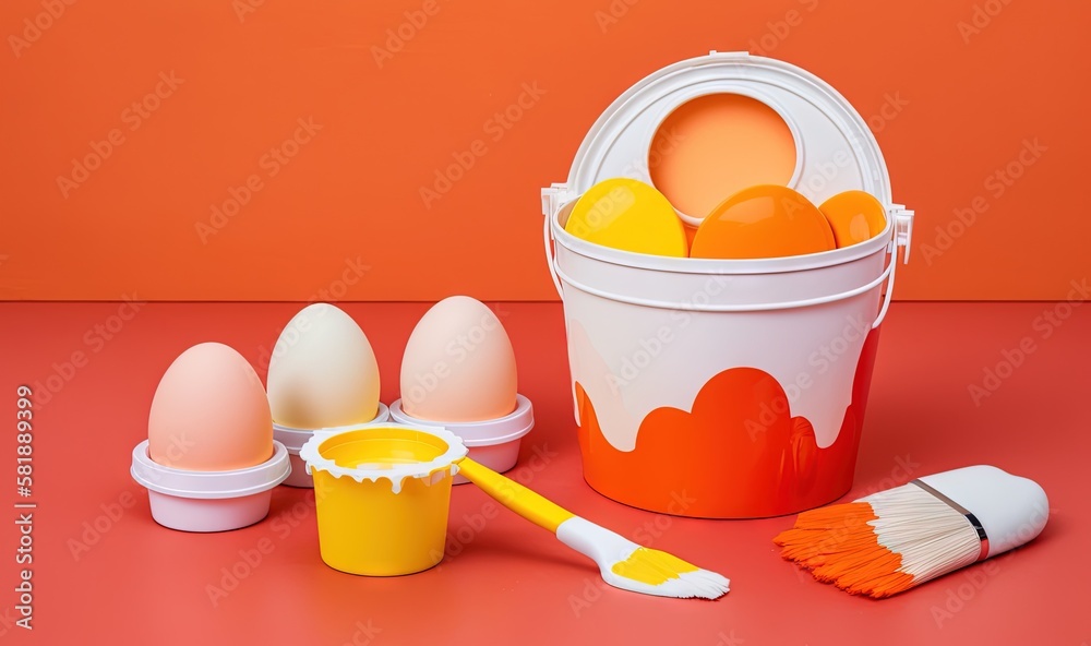  a bucket of eggs, a paintbrush, and three eggs on a red surface with an orange background and a red