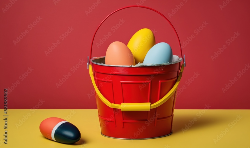  a red bucket with eggs and a black one sitting on a yellow table next to a red wall and a black and