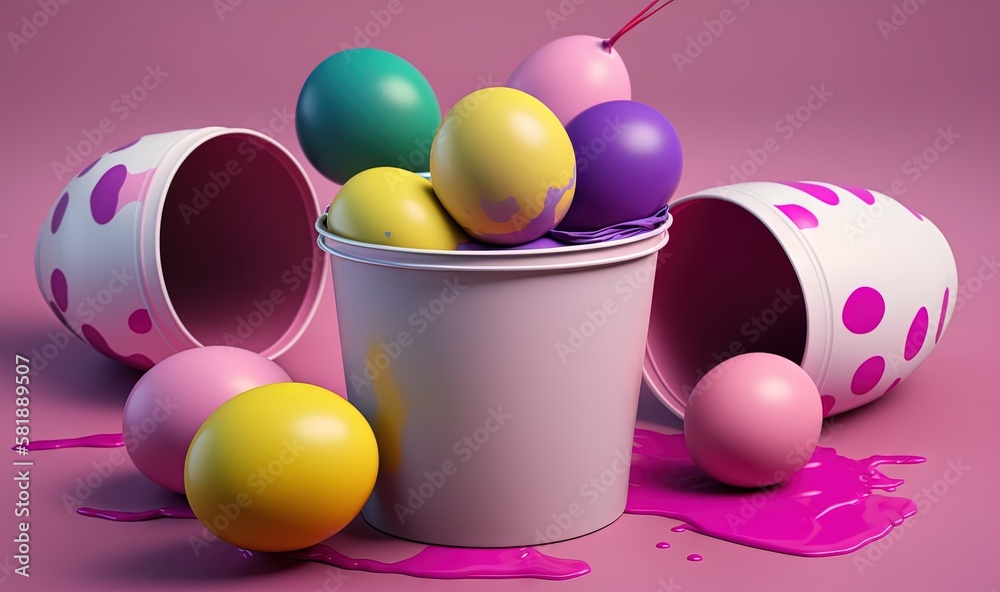  a bucket filled with eggs sitting on top of a pink floor next to a cup of paint with a straw sticki