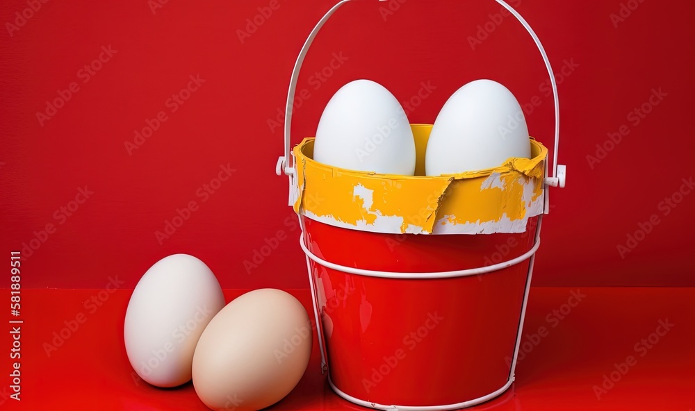  a bucket of eggs next to two eggs on a red surface with a red wall in the background and a white on