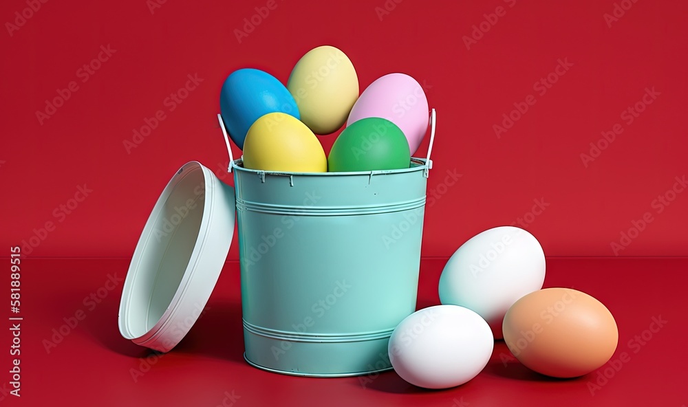  a bucket full of eggs sitting on a red surface next to a container with three eggs in it and one of