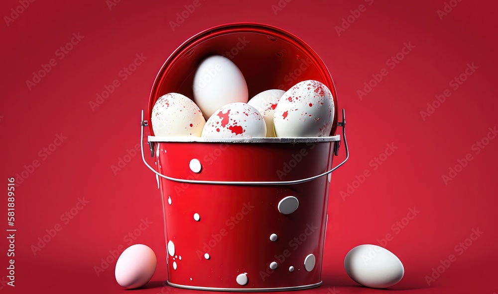  a red bucket filled with white eggs on a red background with drops of water on the eggs and on the 