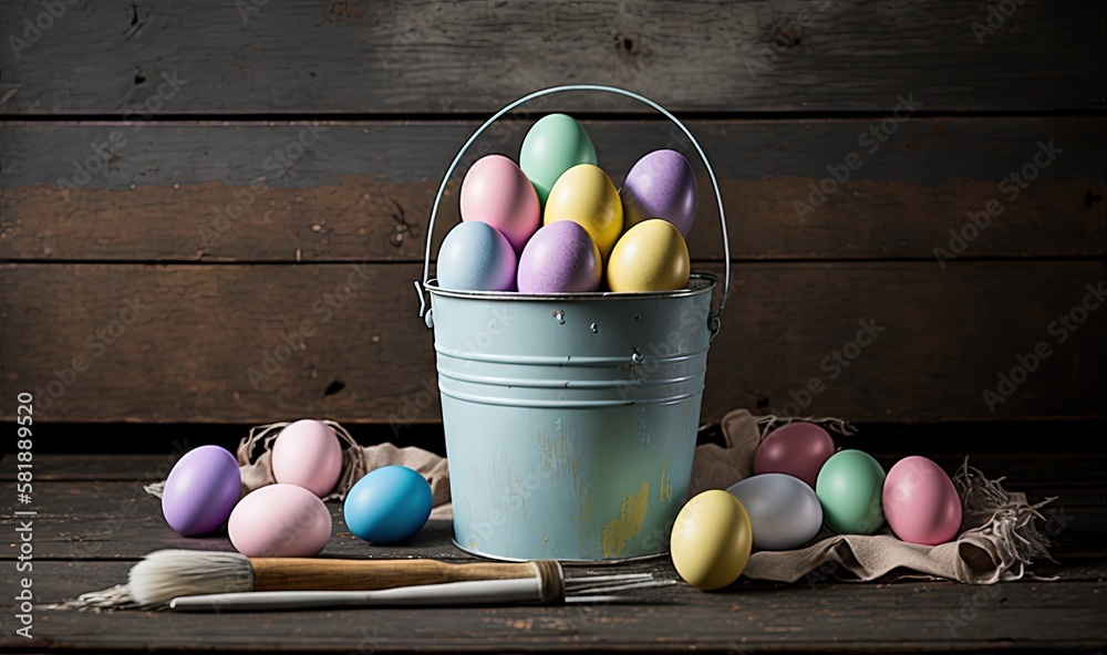  a bucket full of colorful eggs sitting on a wooden floor next to a brush and a paintbrush on the fl