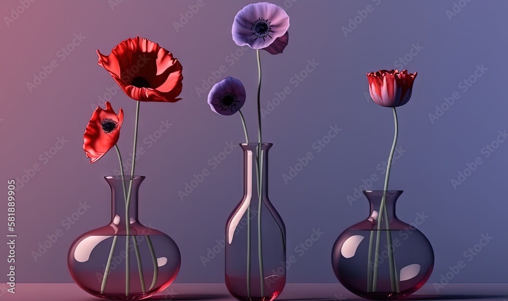  a group of three vases with flowers in them sitting on a table top next to each other on a purple b