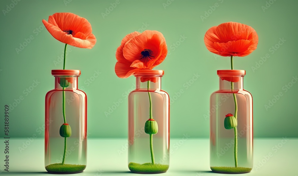  three vases with flowers in them sitting on a counter top with a light green back ground and a ligh