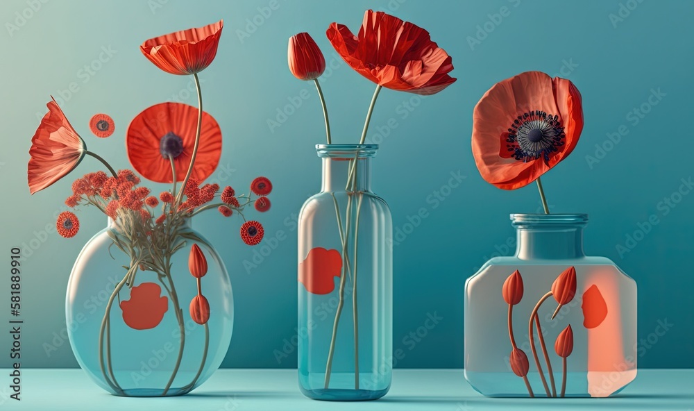  three vases with red flowers in them on a blue surface with a blue wall in the background and a blu