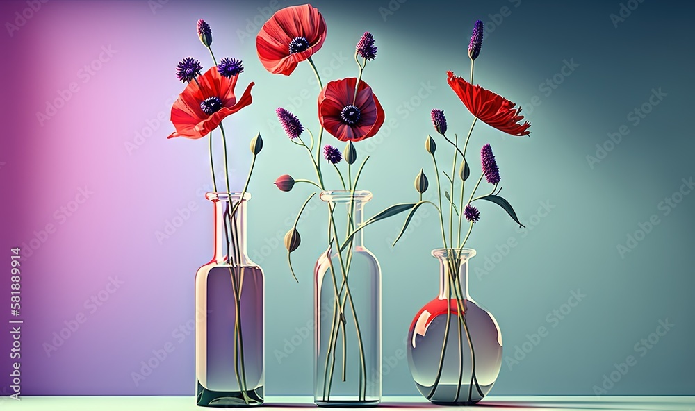  a group of vases with flowers in them on a table top with a blue background behind them and a purpl