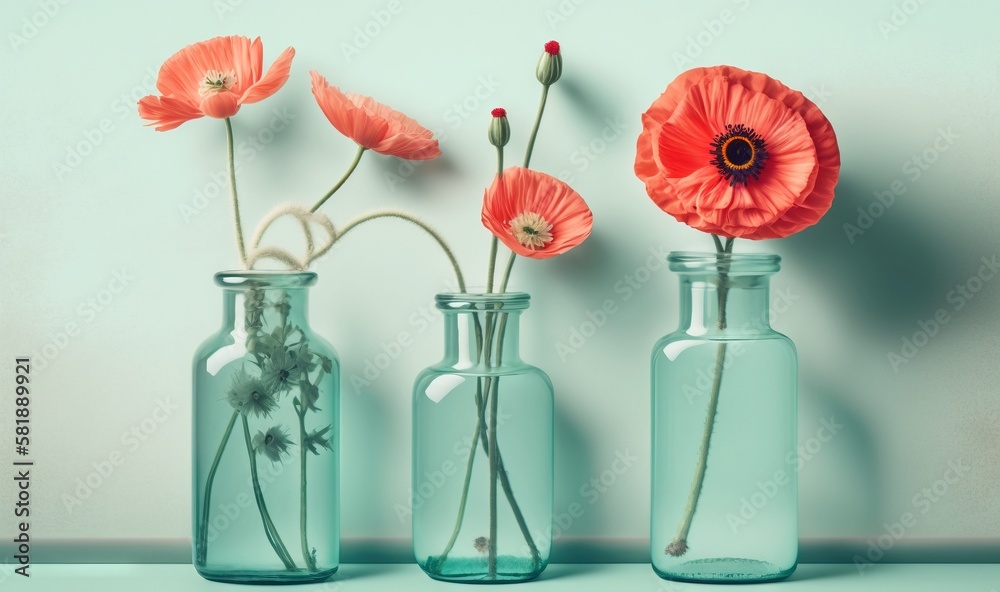  three glass vases with flowers in them on a table with a blue wall in the background and a light bl