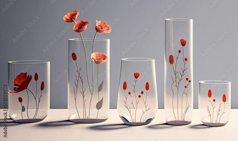  a group of vases with red flowers in them on a white table with a gray background and a gray wall b