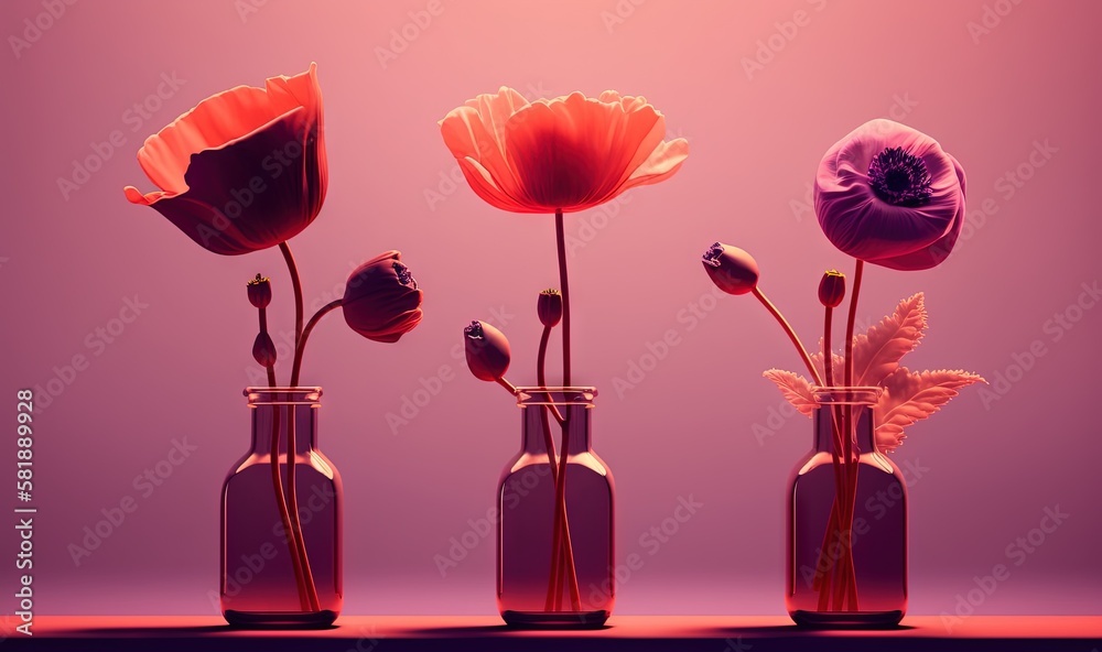  three glass vases with flowers in them on a pink background with a pink background and a pink backg