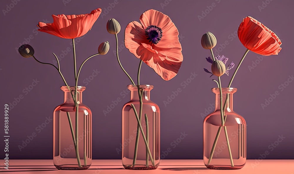  three glass vases with flowers in them on a table with a purple background and a pink wall in the b