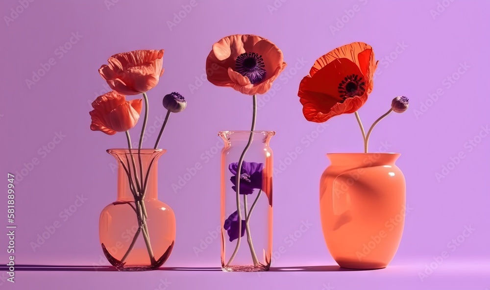  three vases with flowers in them on a purple background with a purple background and a purple backg