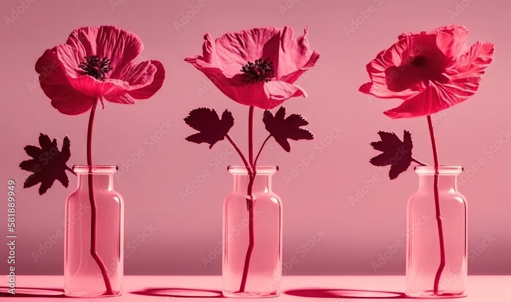  three vases with flowers in them on a pink background with a shadow of leaves on the bottom of the 