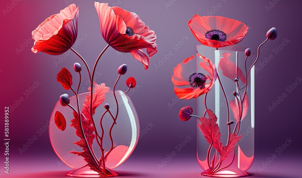  three vases with red flowers in them on a purple and pink background with a pink background and a r