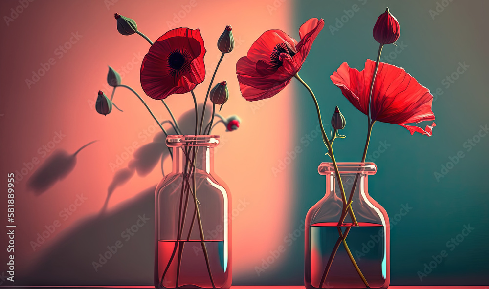  a couple of vases with flowers in them on a table next to a wall with a shadow of a wall behind the