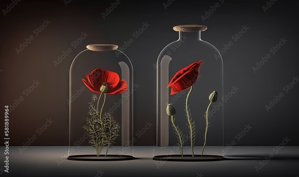  two vases with flowers inside of them on a table with a black background and a dark background behi