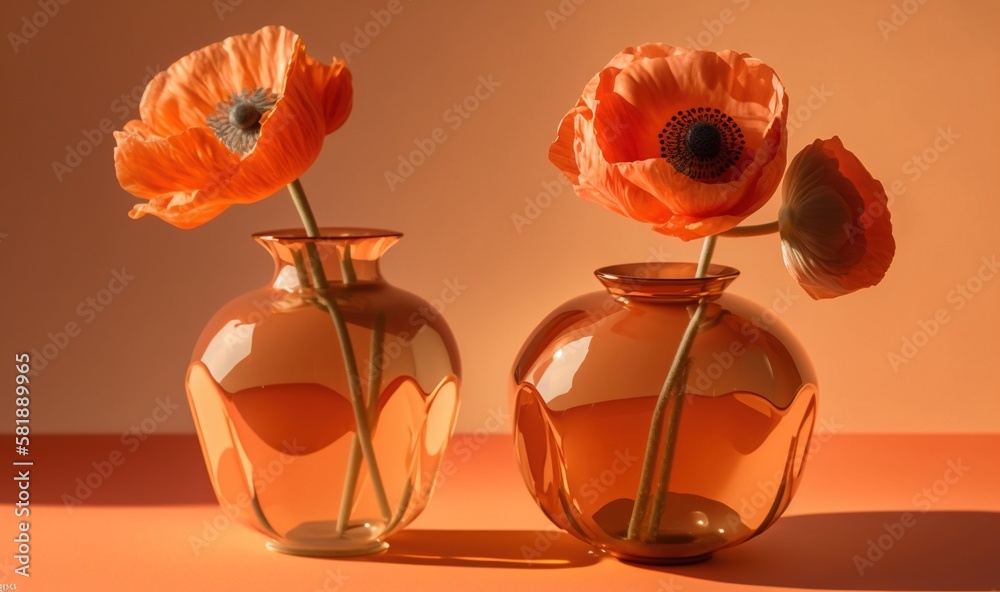  a couple of vases with flowers in them on a counter top with a light orange background and a light 