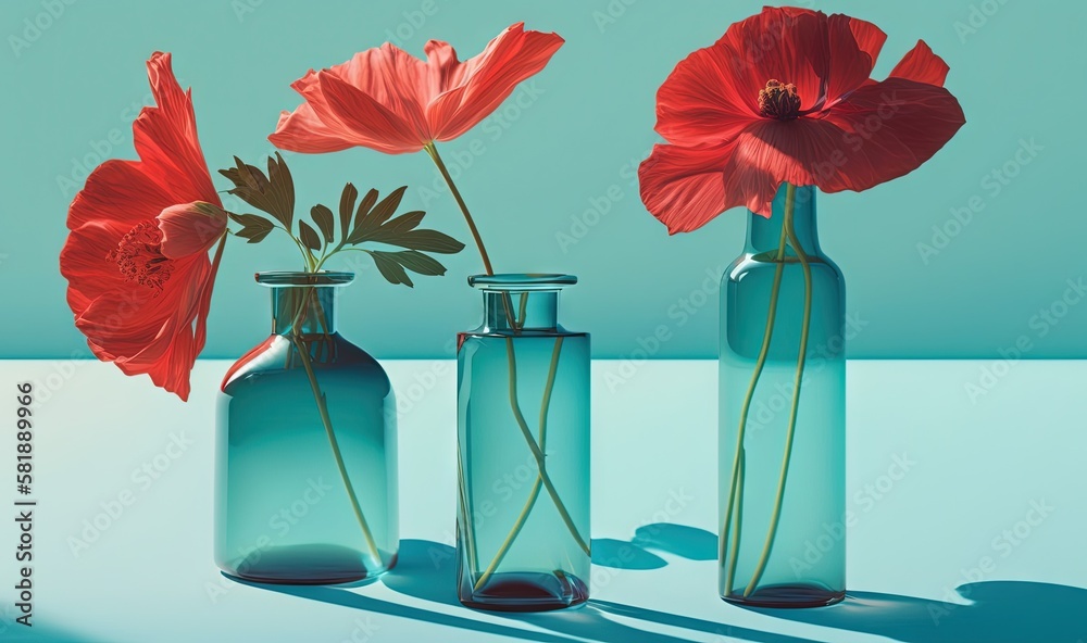  three glass vases with flowers in them on a blue tablecloth surface with a shadow of the vase on th