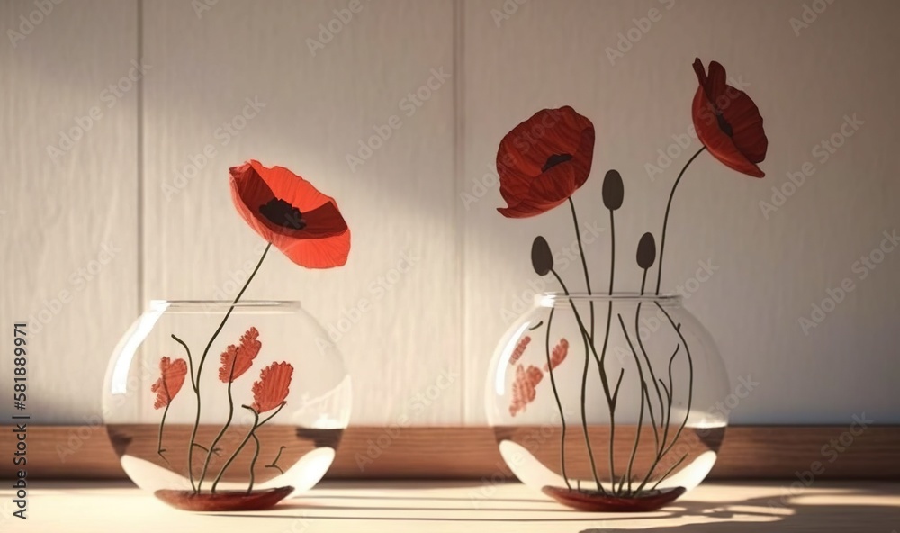  a couple of vases with flowers in them on a table next to a wall with a shadow cast on the wall beh