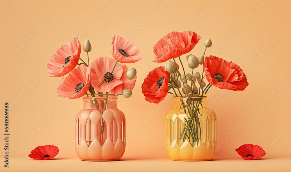  a couple of vases filled with flowers on top of a table next to each other on a yellow background w