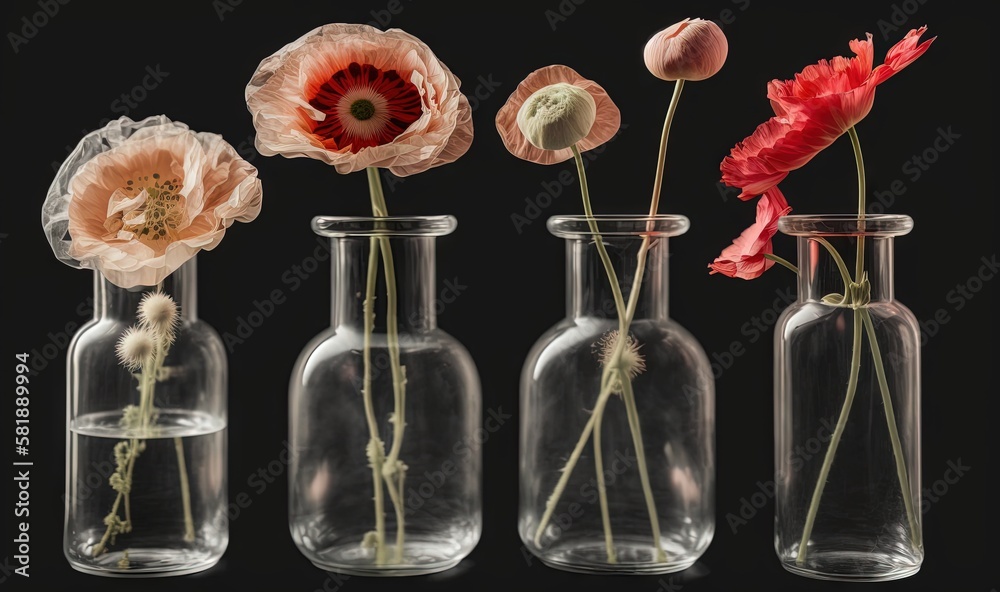  three vases with flowers in them on a black background with a black background and a black backgrou