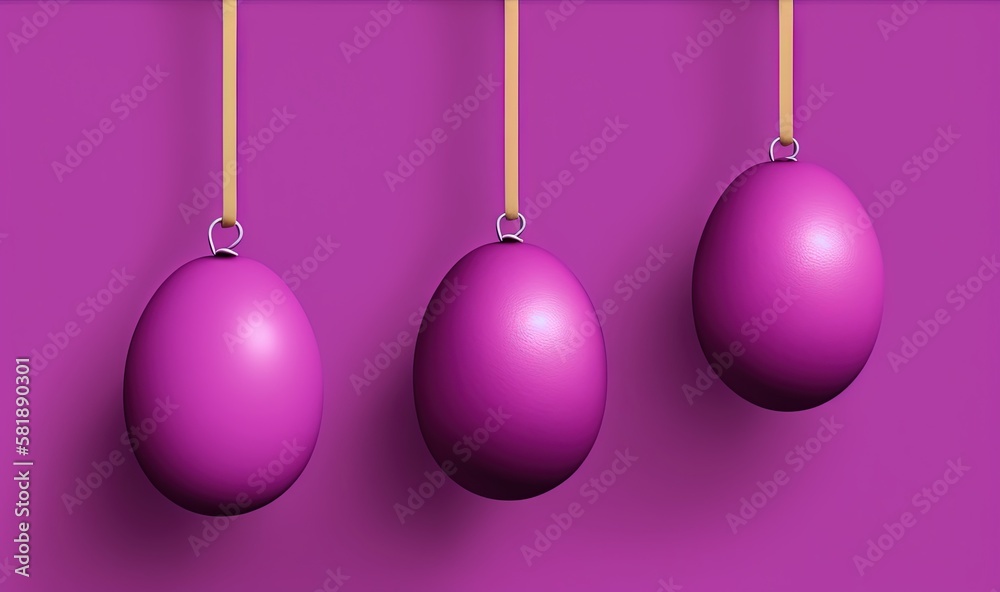  three purple eggs hanging from a line on a purple background with a wooden stick in the middle of t