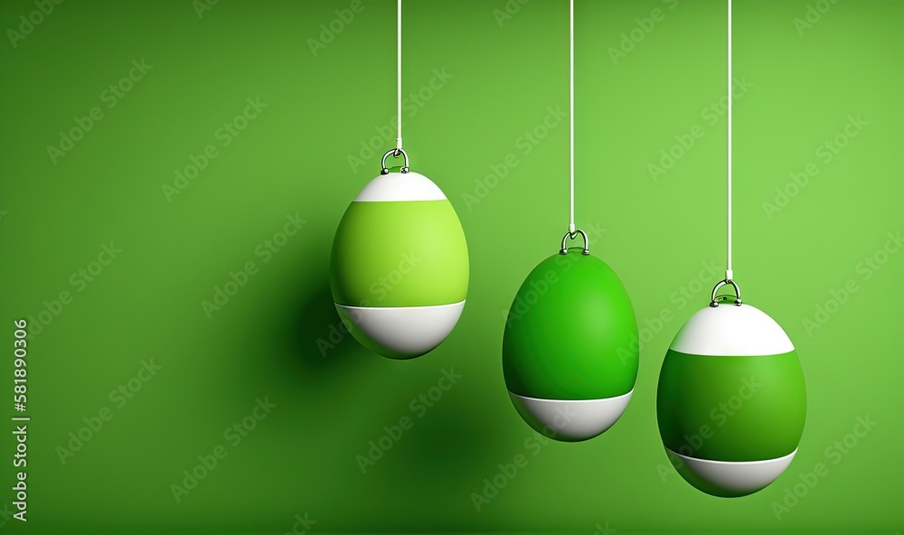  three green and white eggs hanging from a line on a green wall with a white stripe down the middle 