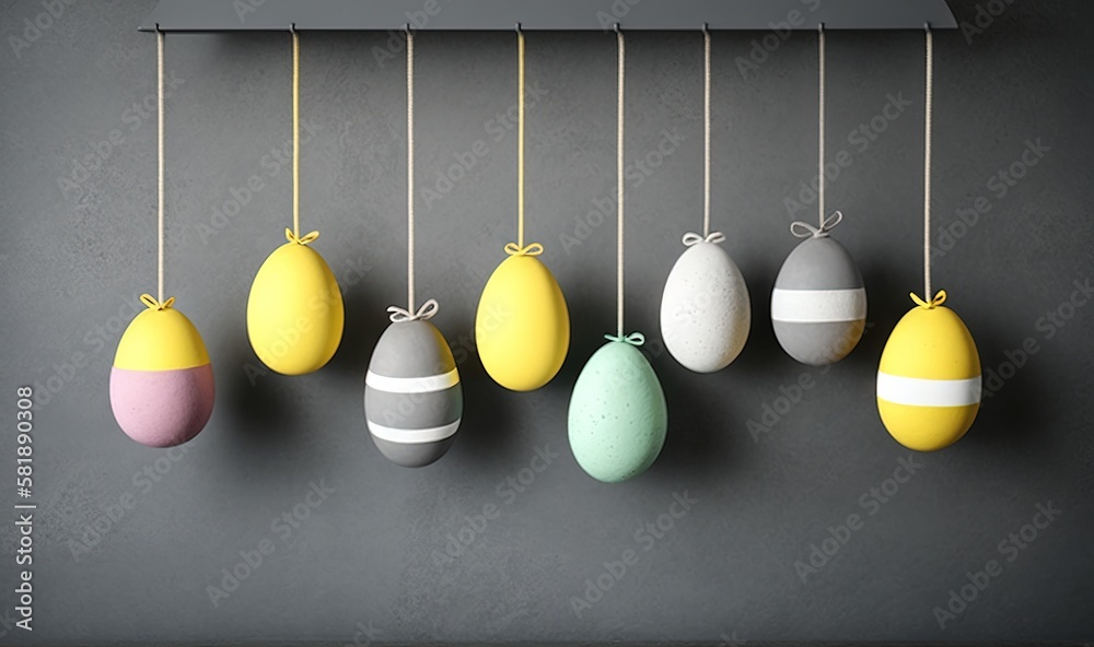  a group of eggs hanging from a line on a wall with a black background and a gray wall with a white 