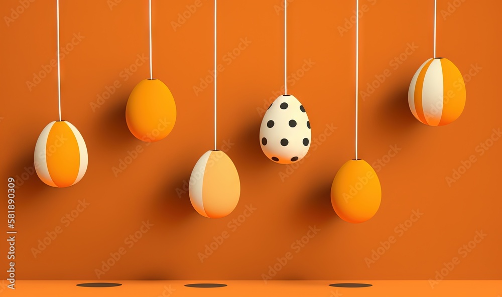  a group of eggs hanging from a string on an orange wall with polka dot dot dots on the top of the e