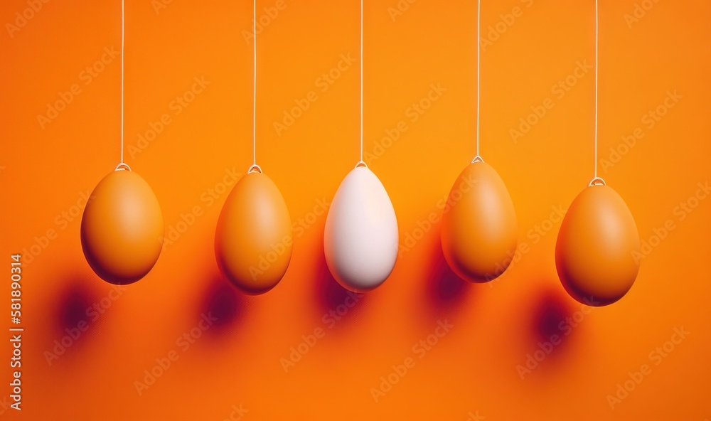  a row of eggs hanging from strings on an orange background with an orange wall in the background an