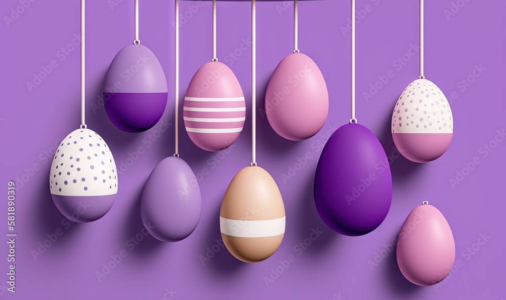  a bunch of different colored eggs hanging from a line on a purple background with polka dots on the