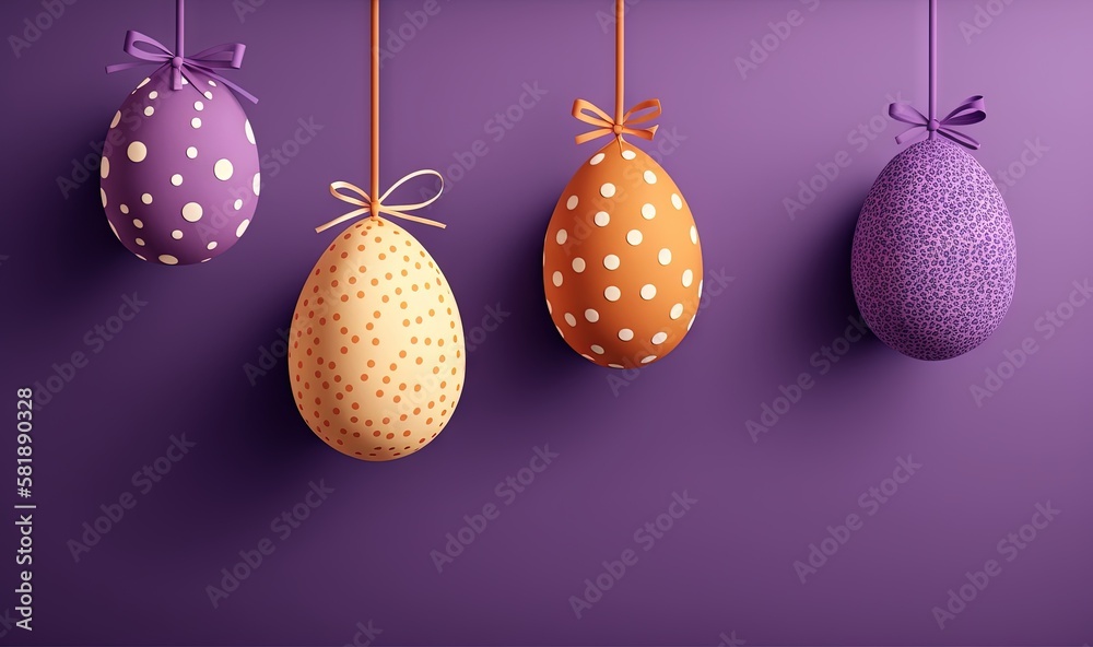  three easter eggs hanging from a line on a purple wall with polka dotty bows and polka dots on the 