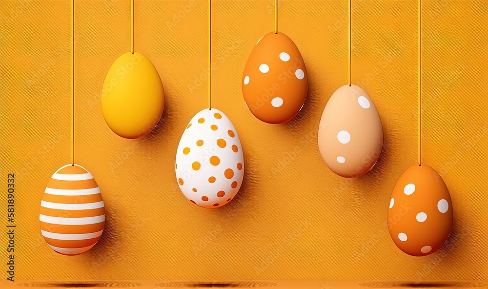  a group of eggs hanging from a line on a yellow wall next to a wall with polka dots on it and a pol