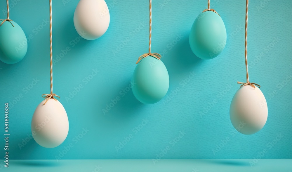  a group of eggs hanging from a line on a blue wall with a gold string hanging from the middle of th