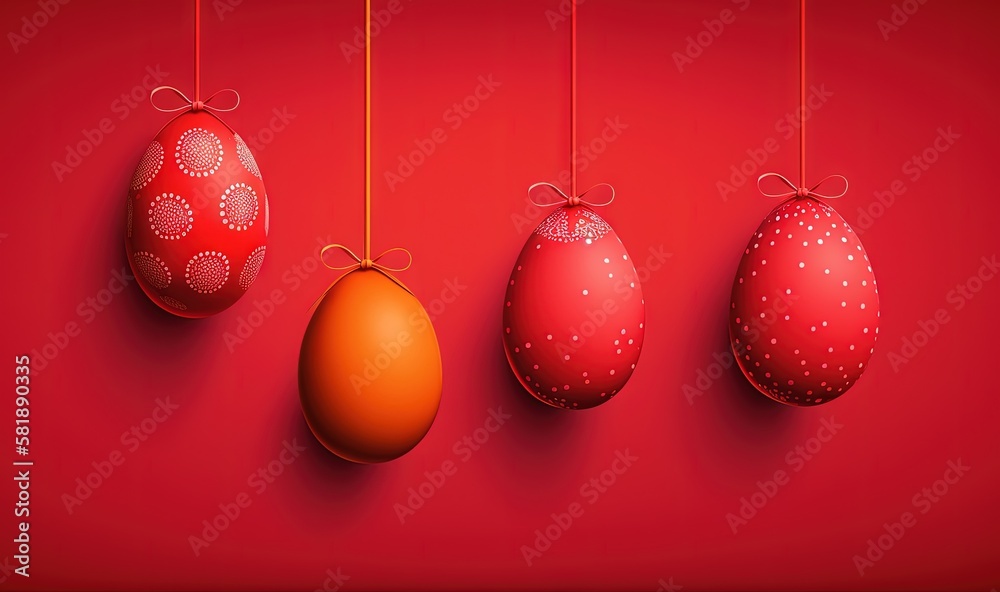  three red and one orange easter eggs hanging on a red background with a string of string and a red 