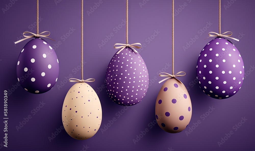  a group of four decorated eggs hanging from a string on a purple wall with polka dots on them and a