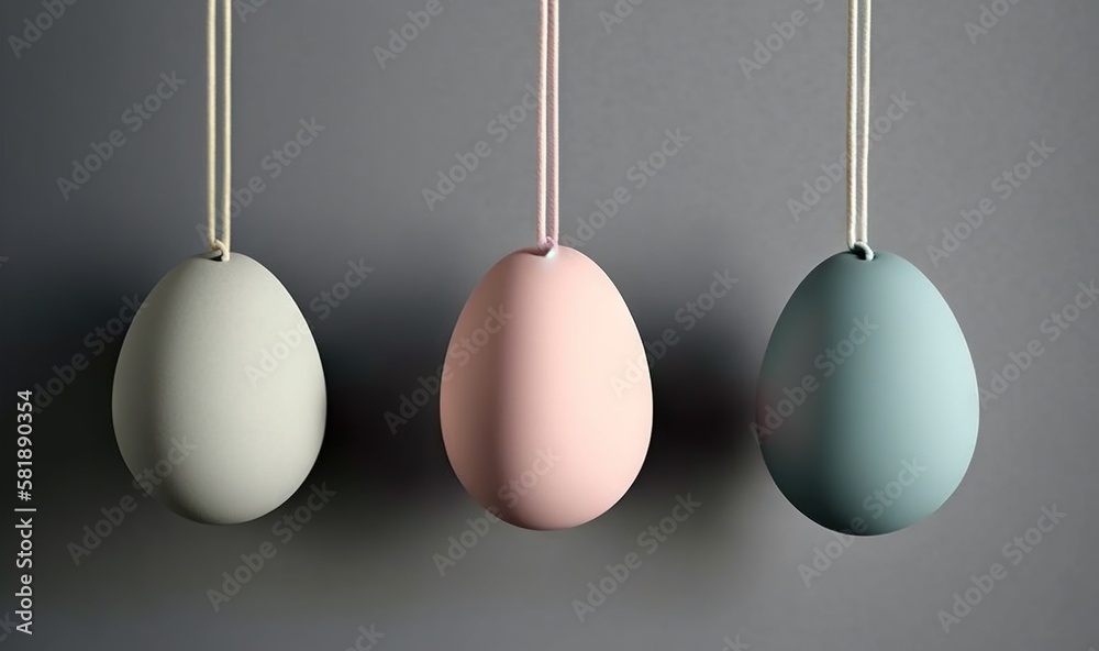  three eggs hanging from a string on a gray wall with a gray background and a light blue one with a 