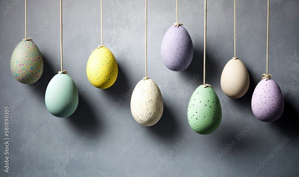  a row of colorful easter eggs hanging from a line on a gray wall with a string of gold dots hanging