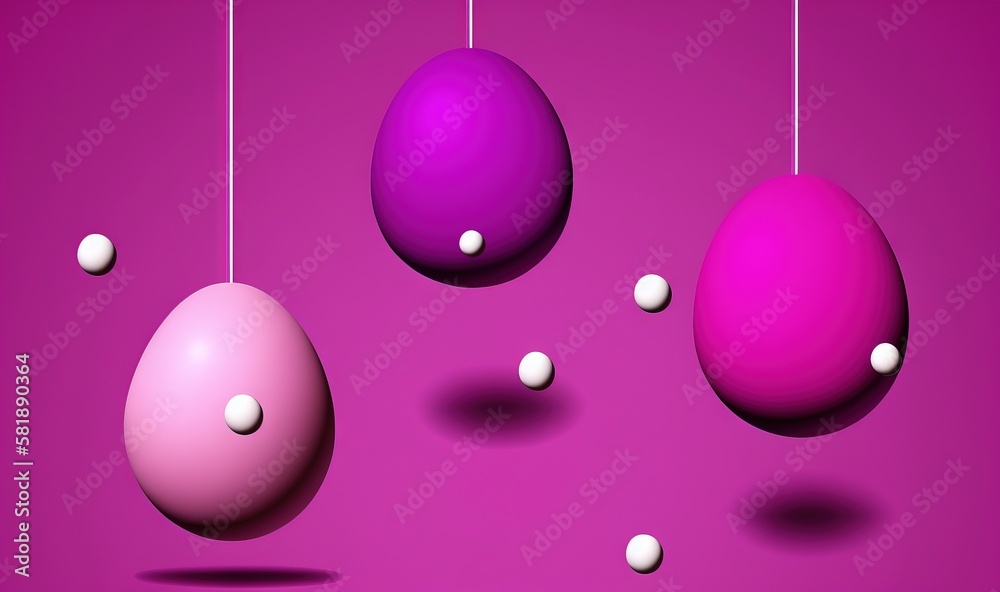  a group of three eggs hanging from a string on a pink background with white balls hanging from the 