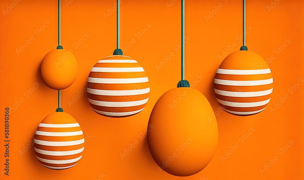  a group of three orange and white eggs hanging from a line on an orange wall with a white stripe on