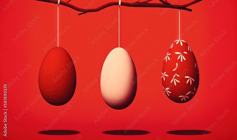  three eggs hanging from a tree branch on a red background with a shadow of a branch on the left and