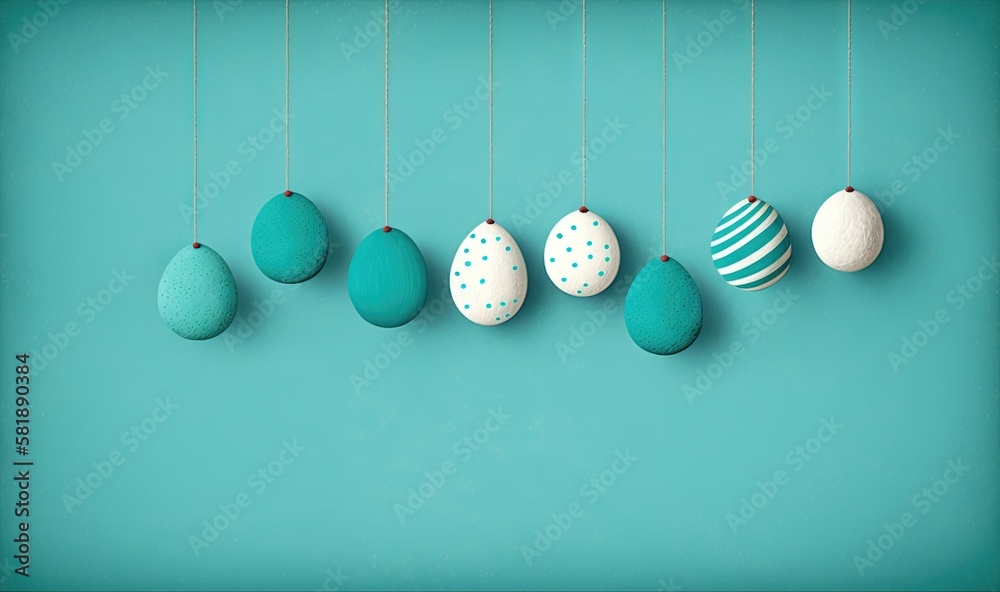  a group of eggs hanging from strings on a blue wall with polka dots on them and eggs painted white 